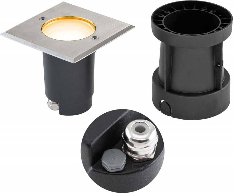 LED-Bodeneinbaustrahler mit quadratischem Edelstahlrahmen, schwarzem Gehäuse und Anschluss. Geeignet für Außenbeleuchtung.