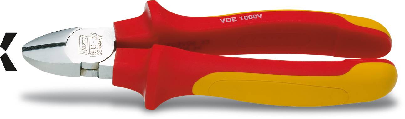 Rote und gelbe Seitenschneiderzange mit der Aufschrift 'VDE 1000V', geeignet für Elektrotechnik.