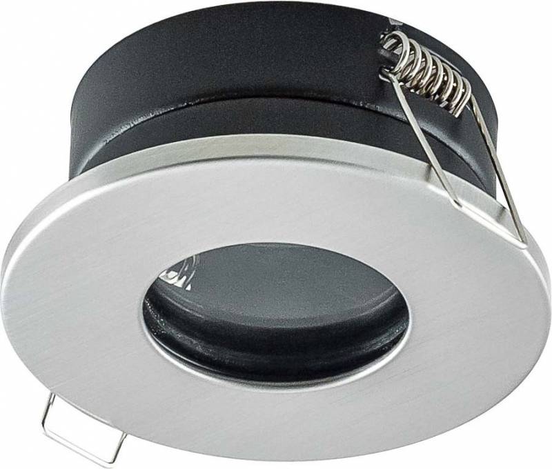 Runde silberne Einbauleuchte mit schwarzem Gehäuse und zwei Federklemmen für die Installation in Decken.