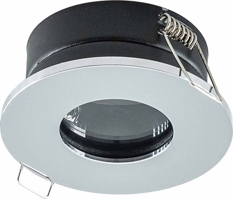 Eine runde, silberfarbene Einbaulampe mit Federn zur Befestigung, geeignet für Deckeninstallationen.