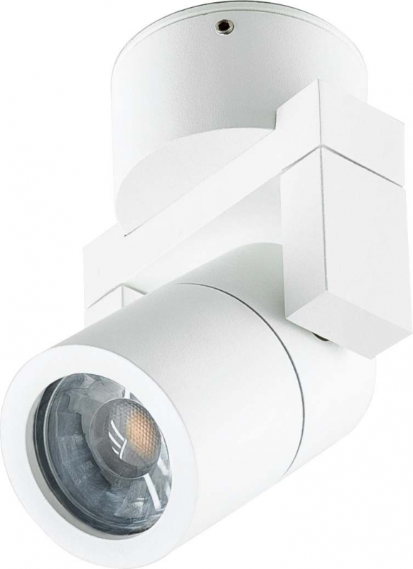 Weiße Deckenleuchte mit zylindrischem, verstellbarem Spot, geeignet für gezielte Beleuchtung in Innenräumen.