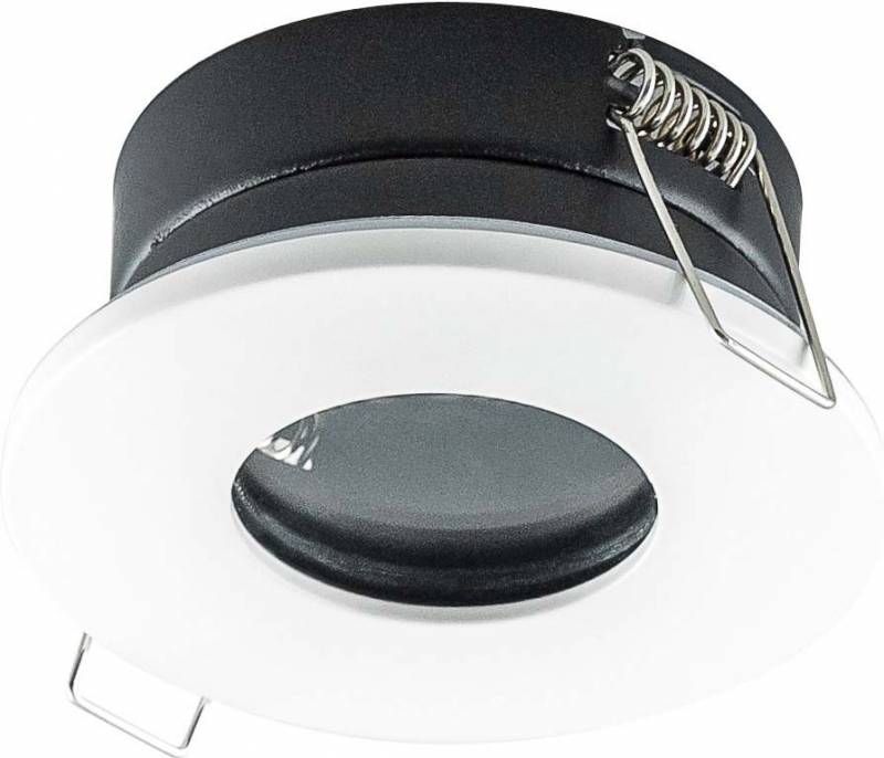 Runde, schwarze Einbauleuchte mit weißem Rand und Halteklammern, geeignet für Deckenmontage.