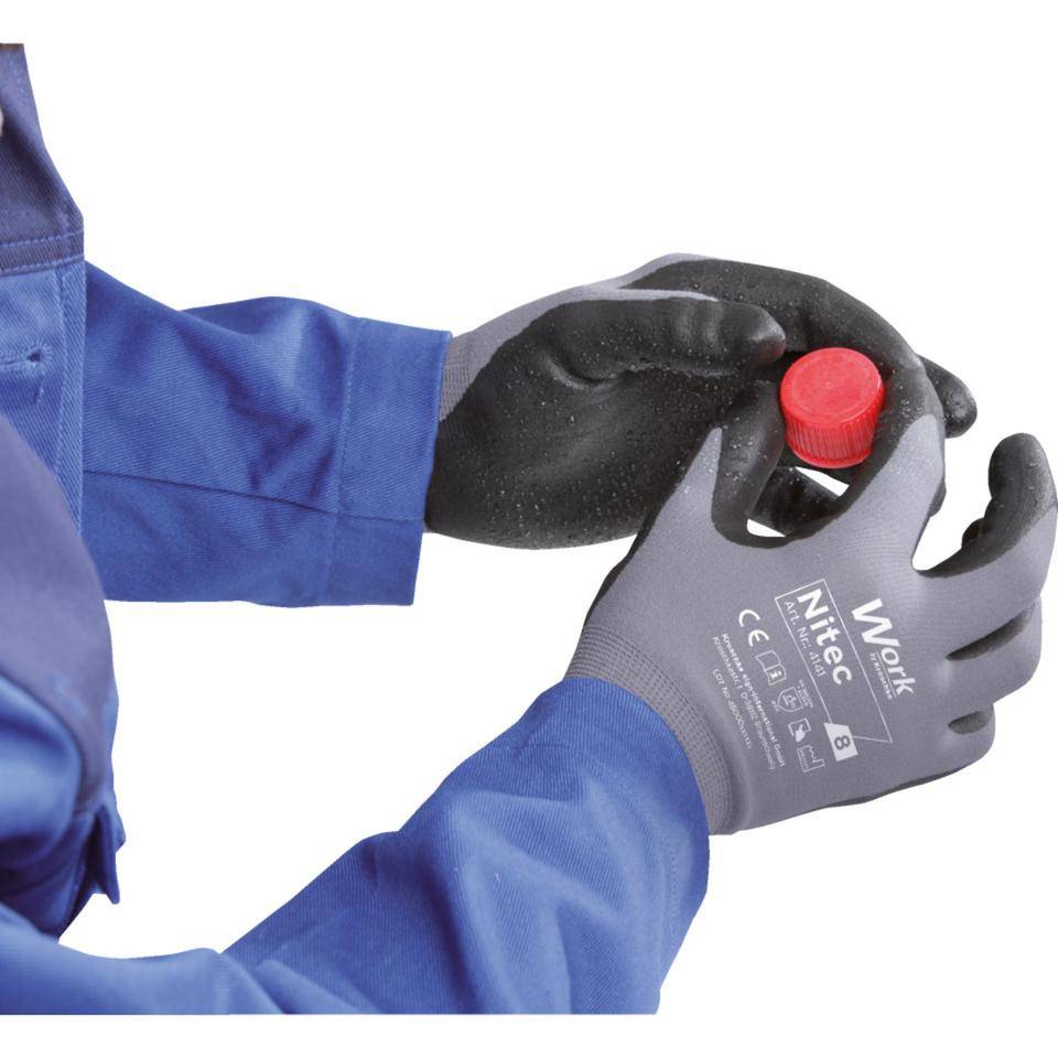 Work Schutzhandschuh Nitec, Spandex-Trikot, grau/schwarz, Größe 7, EN 388, EN ISO 21420, Kat. II