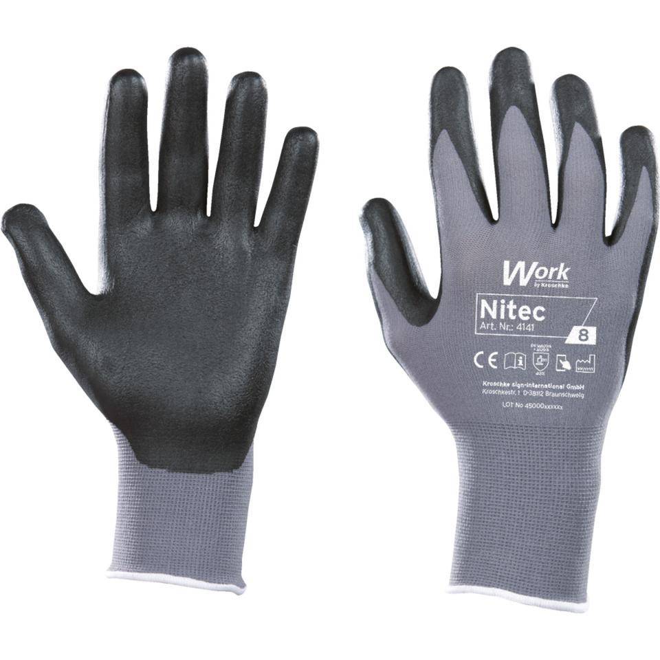 Work Schutzhandschuh Nitec, Spandex-Trikot, grau/schwarz, Größe 7, EN 388, EN ISO 21420, Kat. II