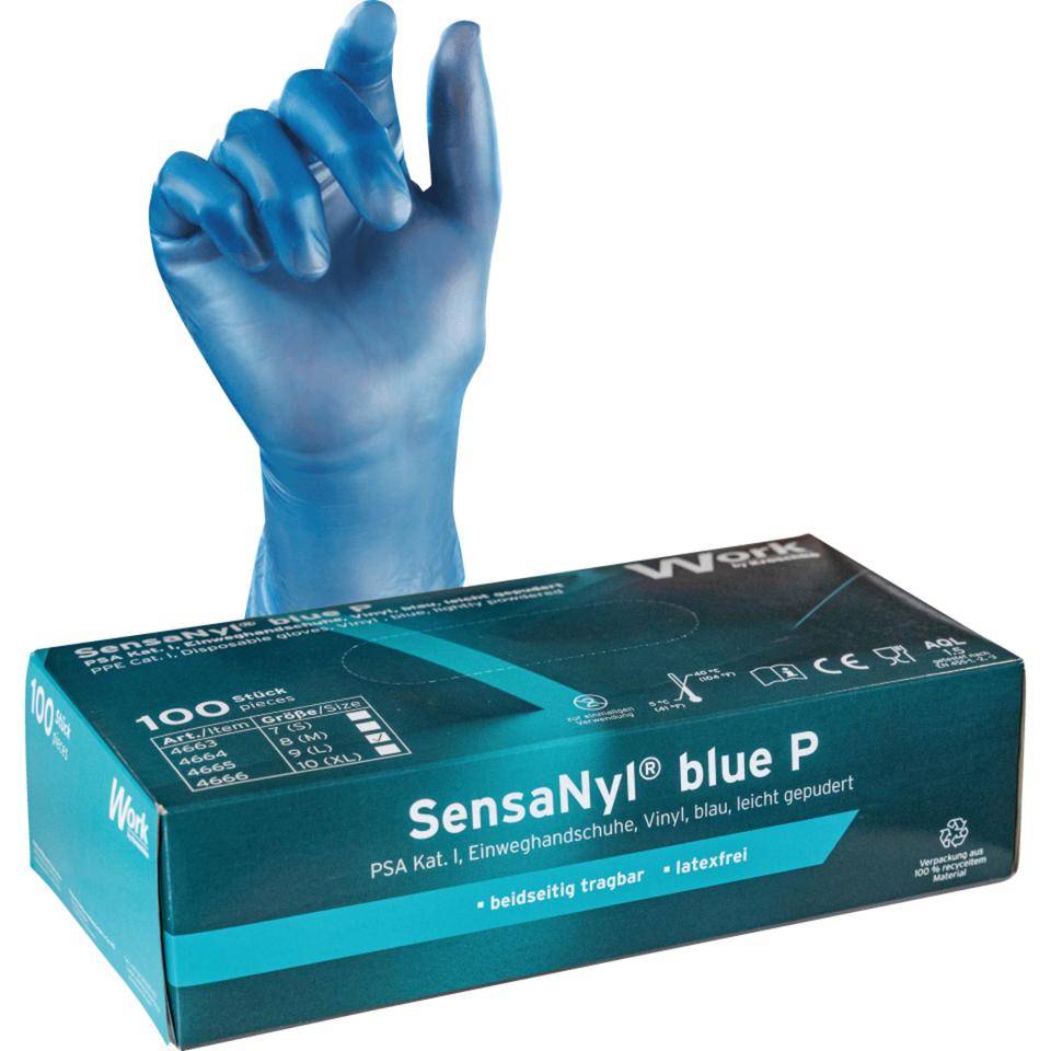Work Einmalhandschuh SensaNyl® blue P, Kat.I, blau, gepudert, Vinyl, Größe 10, 100/VE