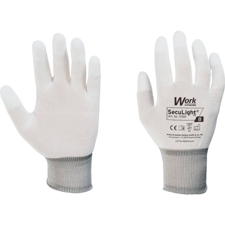 Work Schutzhandschuh SecuLight® FT, weiß, Nylon, Finger PU-beschichtet, Größe 9, EN 388, Kat. II