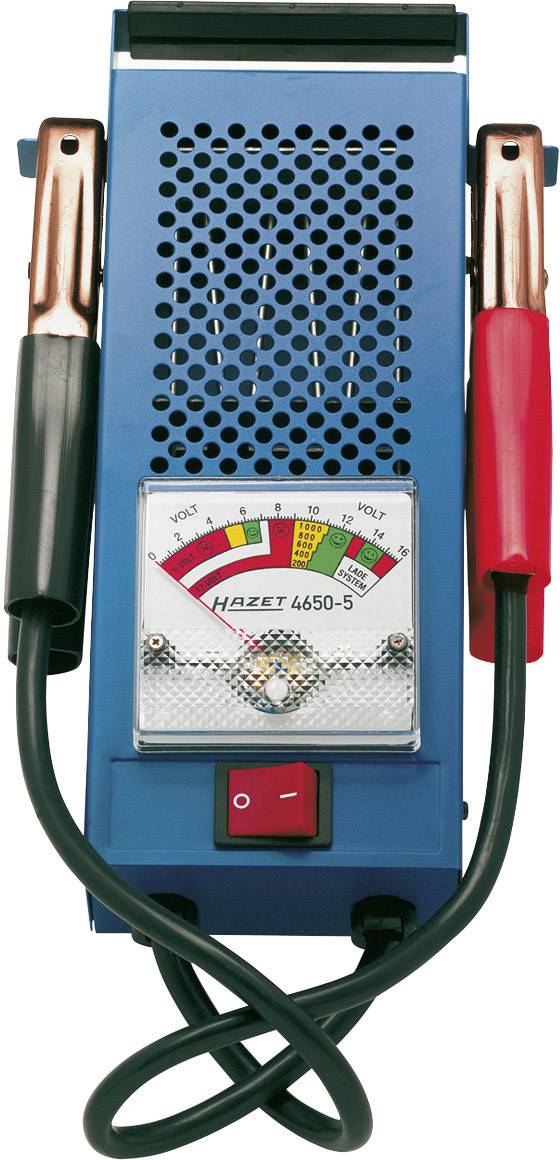 Blauer Batterietester mit rotem und schwarzem Anschlusskabel. Zeigt Spannungsbereich von 0 bis 16 Volt. Markenname 'HAZET 4650-5'.