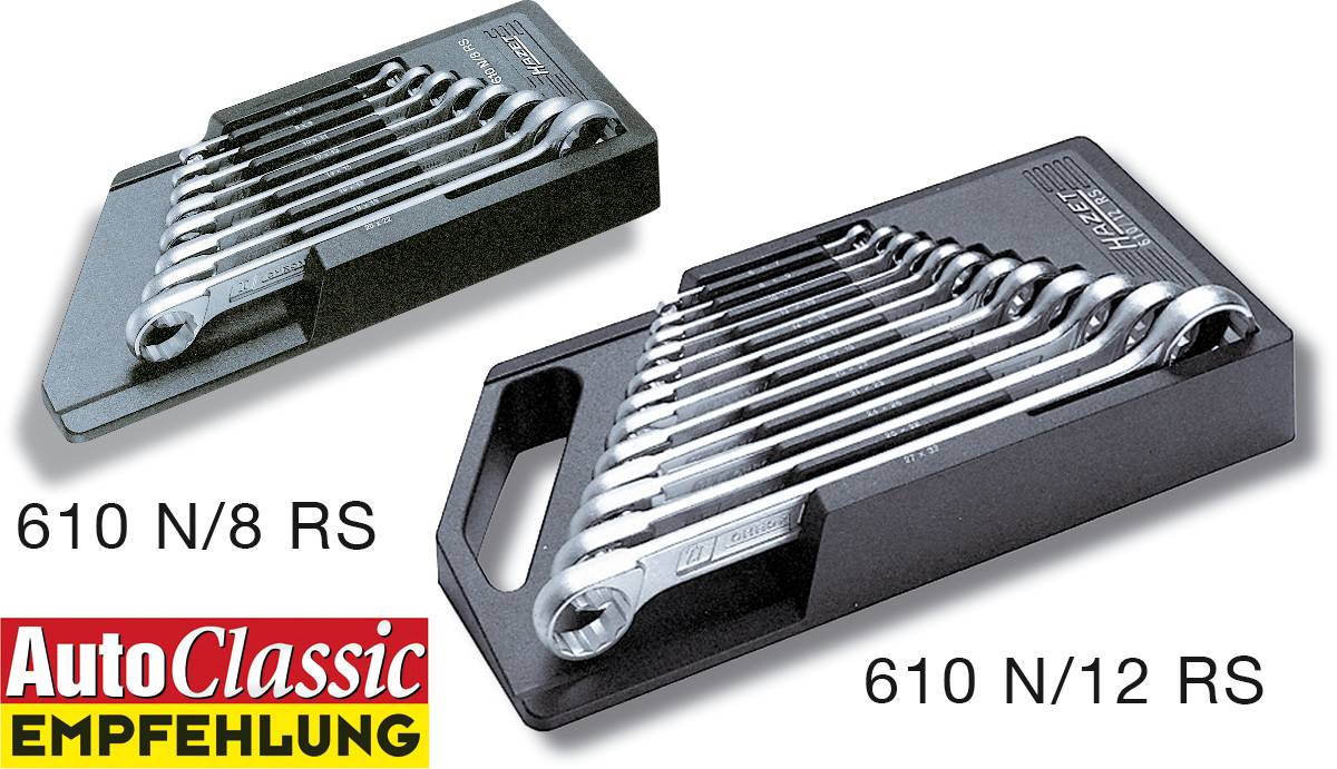 Zwei Sätze von Ring-Schlüsseln in einer Box. Links 610 N/8 RS, rechts 610 N/12 RS. Mit AutoClassic Empfehlungssiegel unten links.