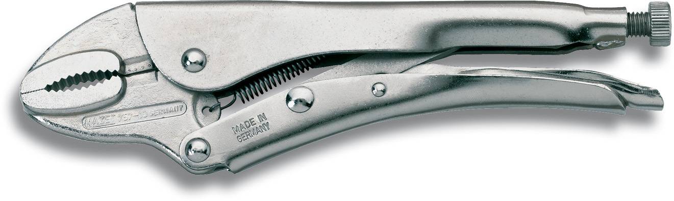 Metallene Feststellzange mit rutschfestem Griff. Seitenansicht zeigt die eingespannten Backen und den Stellmechanismus.
