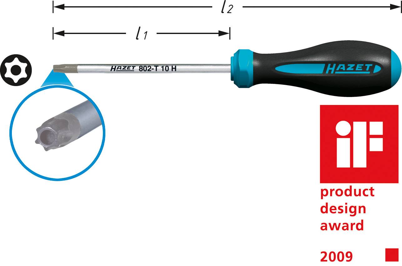 Kreuzschlitzschraubendreher von HAZET, Modell 802-T10H, mit ergonomischem Griff. Gewinner des iF Produktdesign Award 2009.