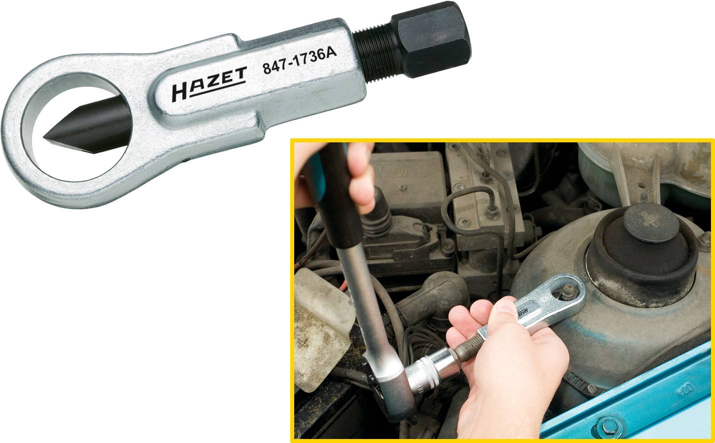 Eine Nahaufnahme zeigt eine Person, die einen Schraubenschlüssel benutzt, um an einem Autoteil zu arbeiten. Auf dem Schraubenschlüssel steht 'Hazet 847-1736A'.