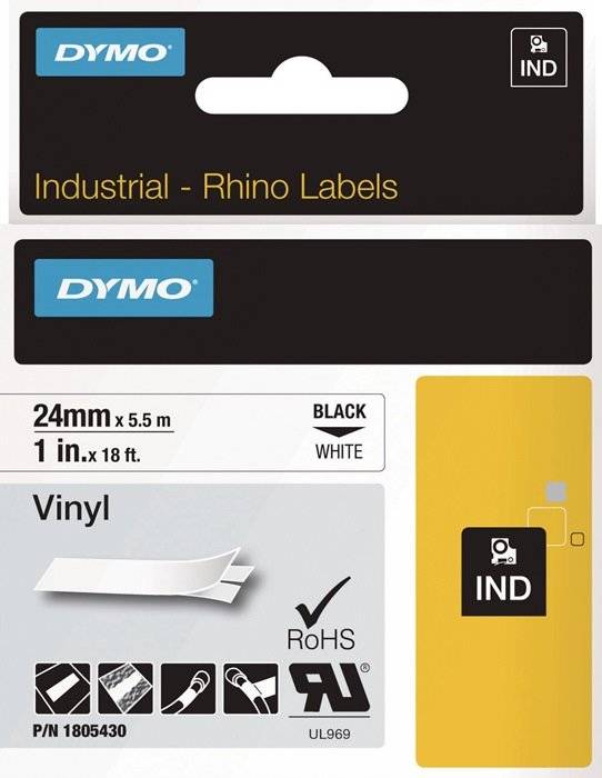Schriftband DYMO IND RHINO 1805430 Vinyl Bandfarbe: Weiß Schriftfarbe:Schwarz 24 mm 5.5 m