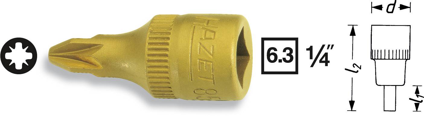 Bit-Schraubaufsatz aus Metall mit T-Profil, goldfarben. Maße: 6,3 mm (1/4 Zoll). Zeichnung rechts zeigt Länge und Durchmesser des Bits.