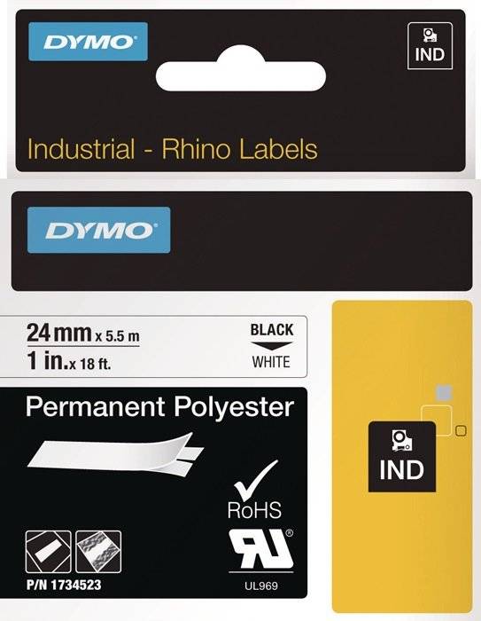 Schriftband DYMO IND RHINO 1734523 Polyester Bandfarbe: Weiß Schriftfarbe:Schwarz 24 mm 5.5 m