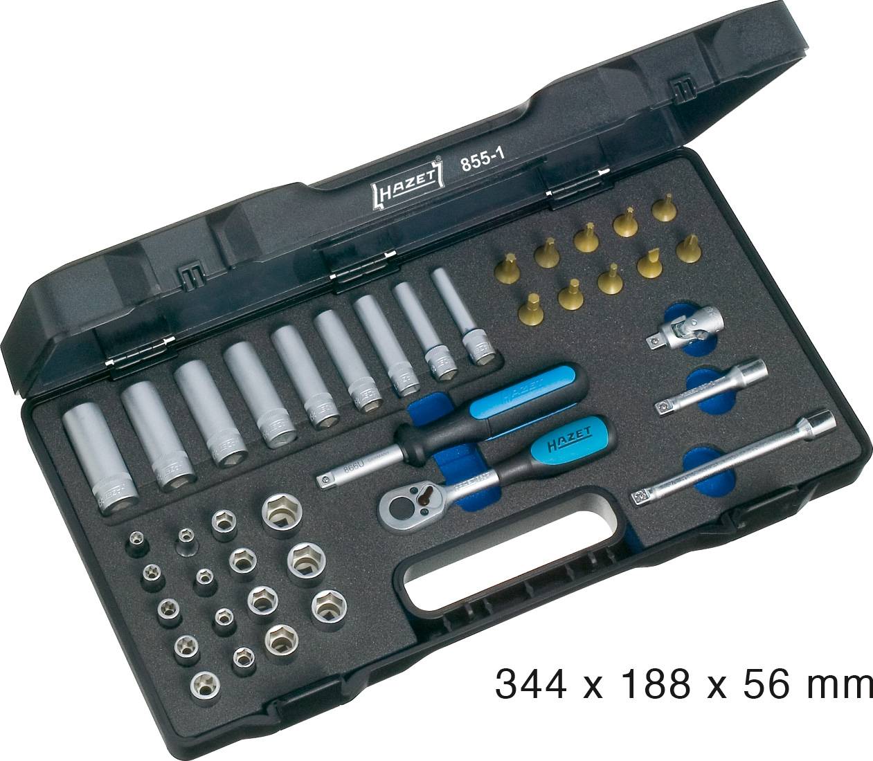 Satz von Schraubenschlüsseln und Bits in einem schwarzen Koffer, inklusive Ratsche und Verlängerungen, 344 x 188 x 56 mm.