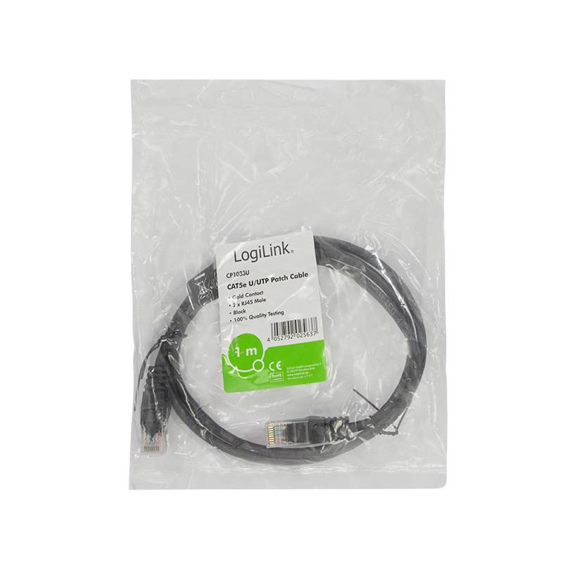 LogiLink CP1033U RJ45 Netzwerkkabel, Patchkabel CAT 5e U/UTP 1.00 m Schwarz mit Rastnasenschutz 1 St.