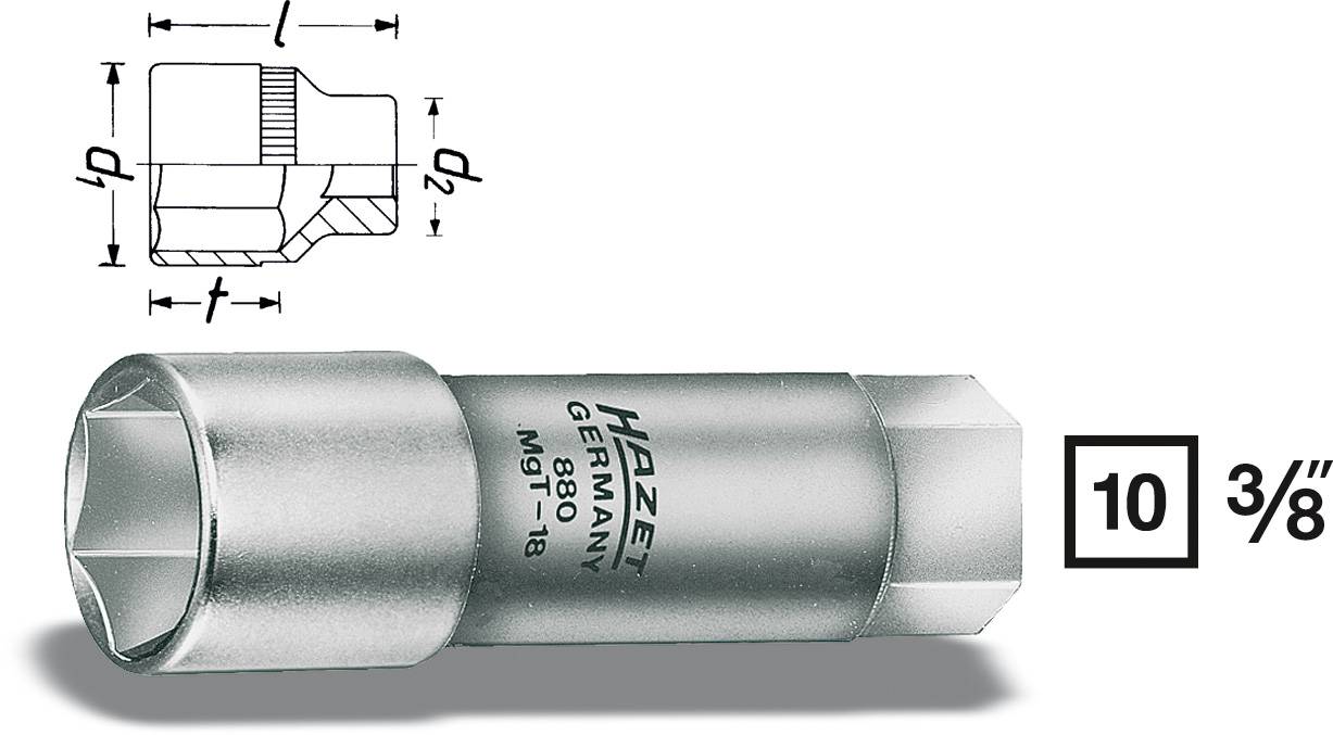 Abgebildet ist eine metallische Stecknuss von Hazet mit den Maßen 10 mm und Antrieb 3/8 Zoll. Links oben ist eine technische Zeichnung.