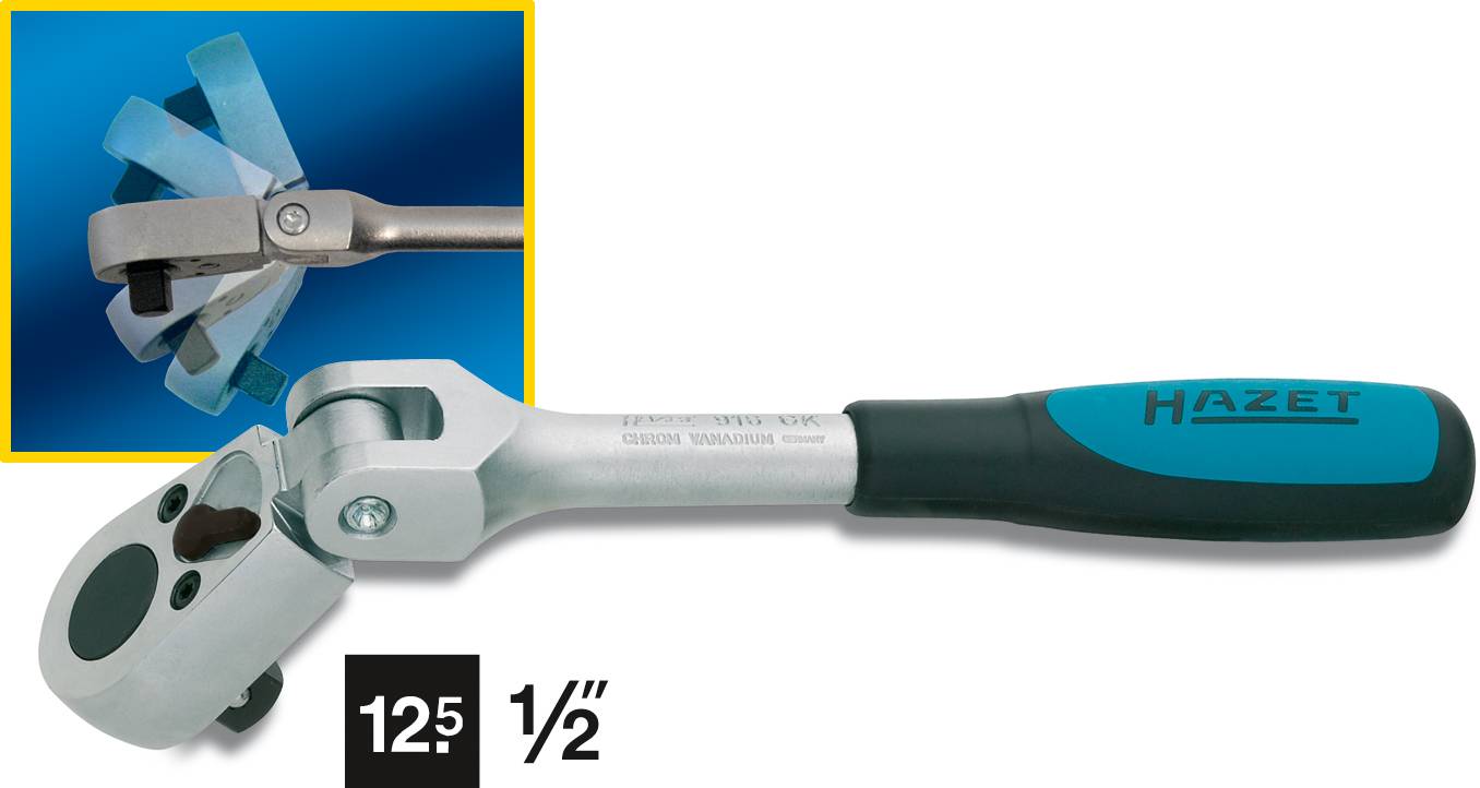 Ein silber-blauer Ratschen-Schlüssel mit beweglichem Kopf, der flexible Mechanismen zeigt. Marke 'Hazet', Größe 1/2