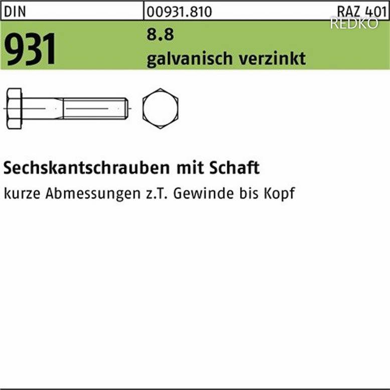Sechskantschraube DIN 931 8.8 M 8x40 ve / rzinkt gal Zn S