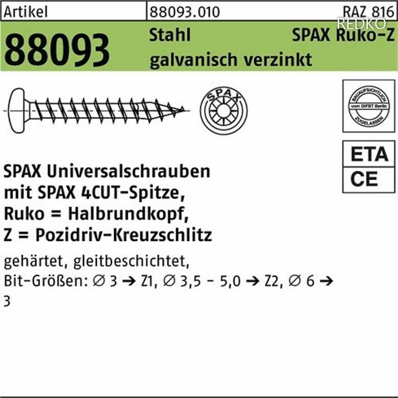 Schraube ART 88093 SPAX St. 5x50/46 -Z / Wellenschliff gal Zn Ruko gal Zn S