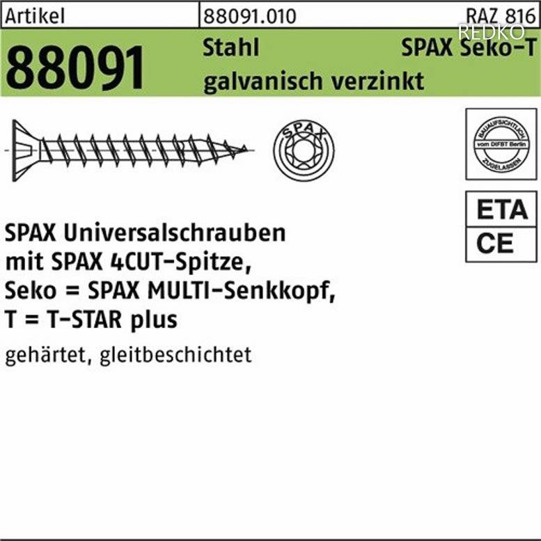 Schraube ART 88091 SPAX St. 4,5x40/34 T / 20 galv. verzinkt Senkkopf gal Zn S