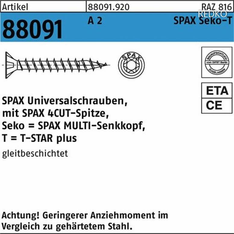Schraube ART 88091 SPAX A 2 6x40/34 T30 / Senkkopf A 2 K