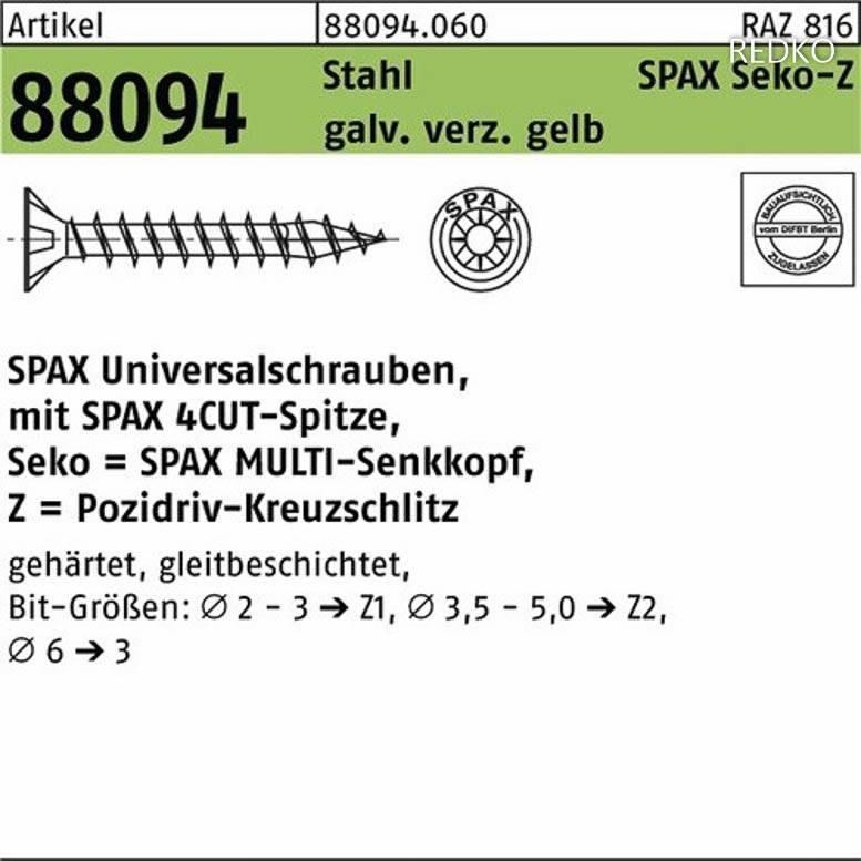 Schraube ART 88094 SPAX St. 4x55/50 -Z / galv. verzinkt gelb SEKO gal ZnC S