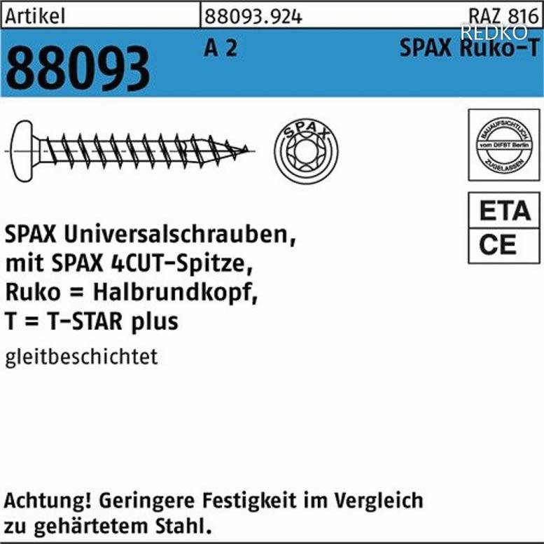Schraube ART 88093 SPAX A 2 4x40/35 T20 / Wellenschliff RUKO m.Vollgew. A 2 K
