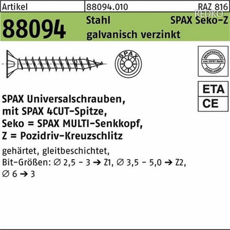 Schraube ART 88094 SPAX St. 4,5x40/34 - / Z Wellenschliff gal Zn Senkkopf gal Zn K
