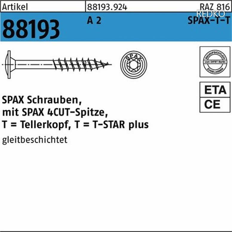 Schraube ART 88193 SPAX Tellerkopf A 2 / 6x80/61 T30 A 2 S