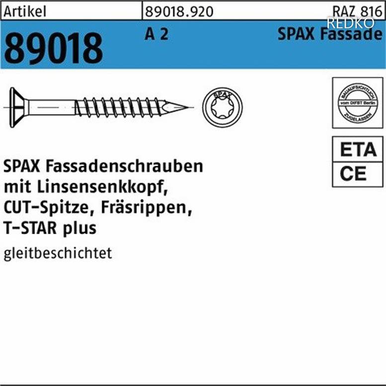 Fassadenschraube ART 89018 SPAX-S A 2 4 / ,5x45/30 T LISEKO m.Fräsrip/CUT-Spitze S