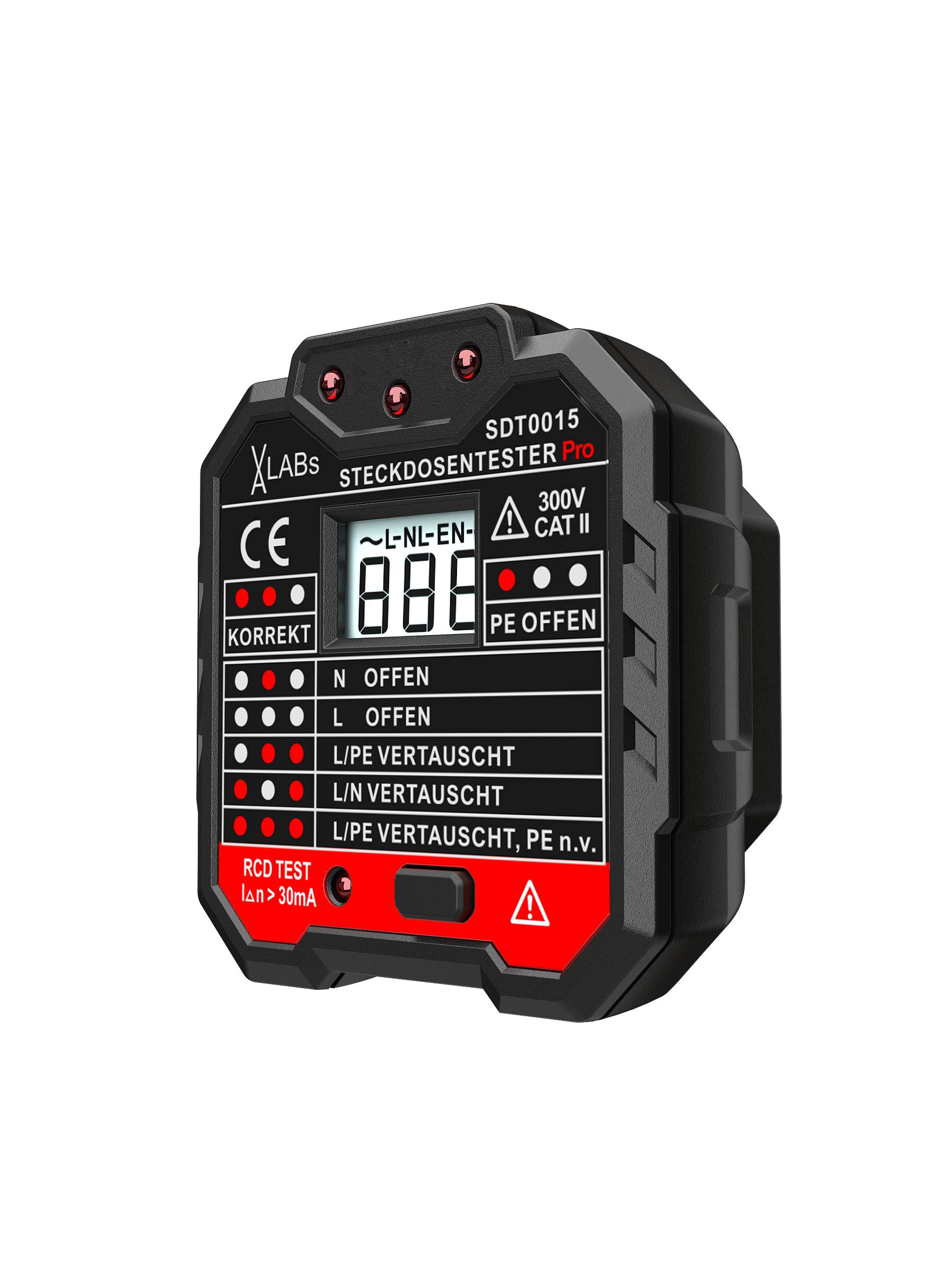 Steckdosentester mit RCD-Prüfung, LCD-Anzeige, FI-Test