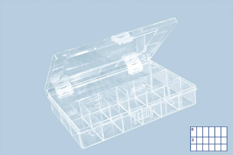 Sortimentskasten glasklar 613900, PS-COMPACT 18 Faecher, glasklar, 250x170x46 mm