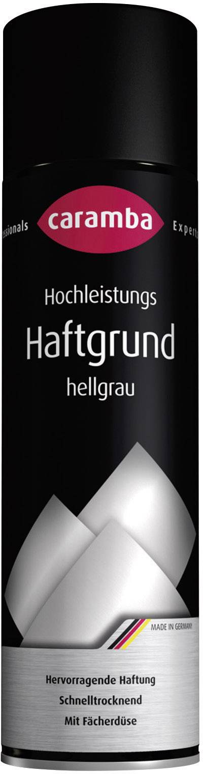 Eine schwarze Sprühflasche mit der Aufschrift 'Hochleistungs Haftgrund hellgrau'. Markenname 'Caramba'. Made in Germany.