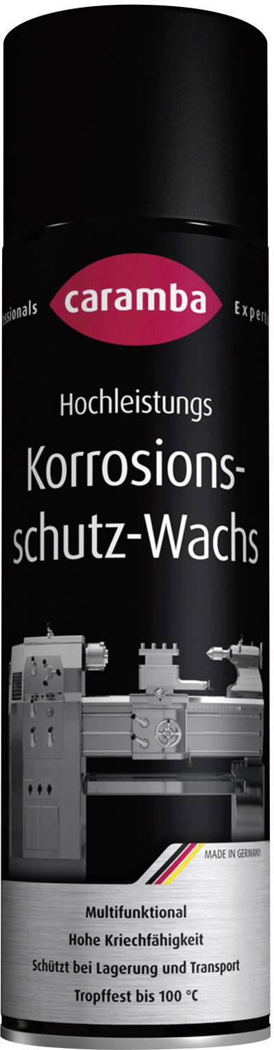 Schwarze Spraydose mit rotem 'caramba'-Logo, Text: 'Hochleistungs Korrosionsschutz-Wachs'. Bild einer Maschine. Made in Germany.
