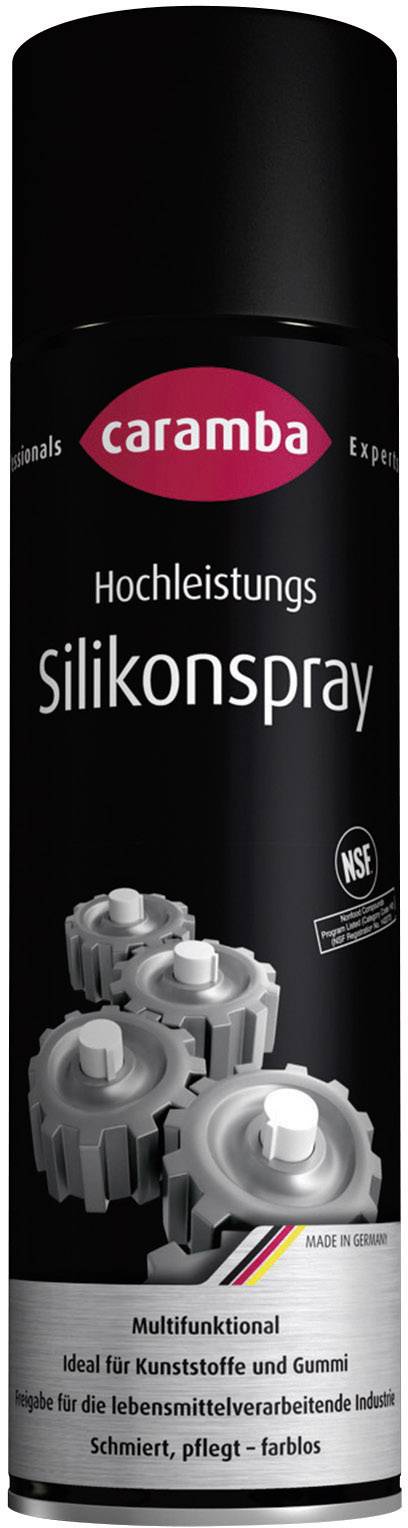 Schwarze Spraydose mit der Aufschrift 'Hochleistungs Silikonspray'. Geeignet für Kunststoffe und Gummi. Made in Germany.