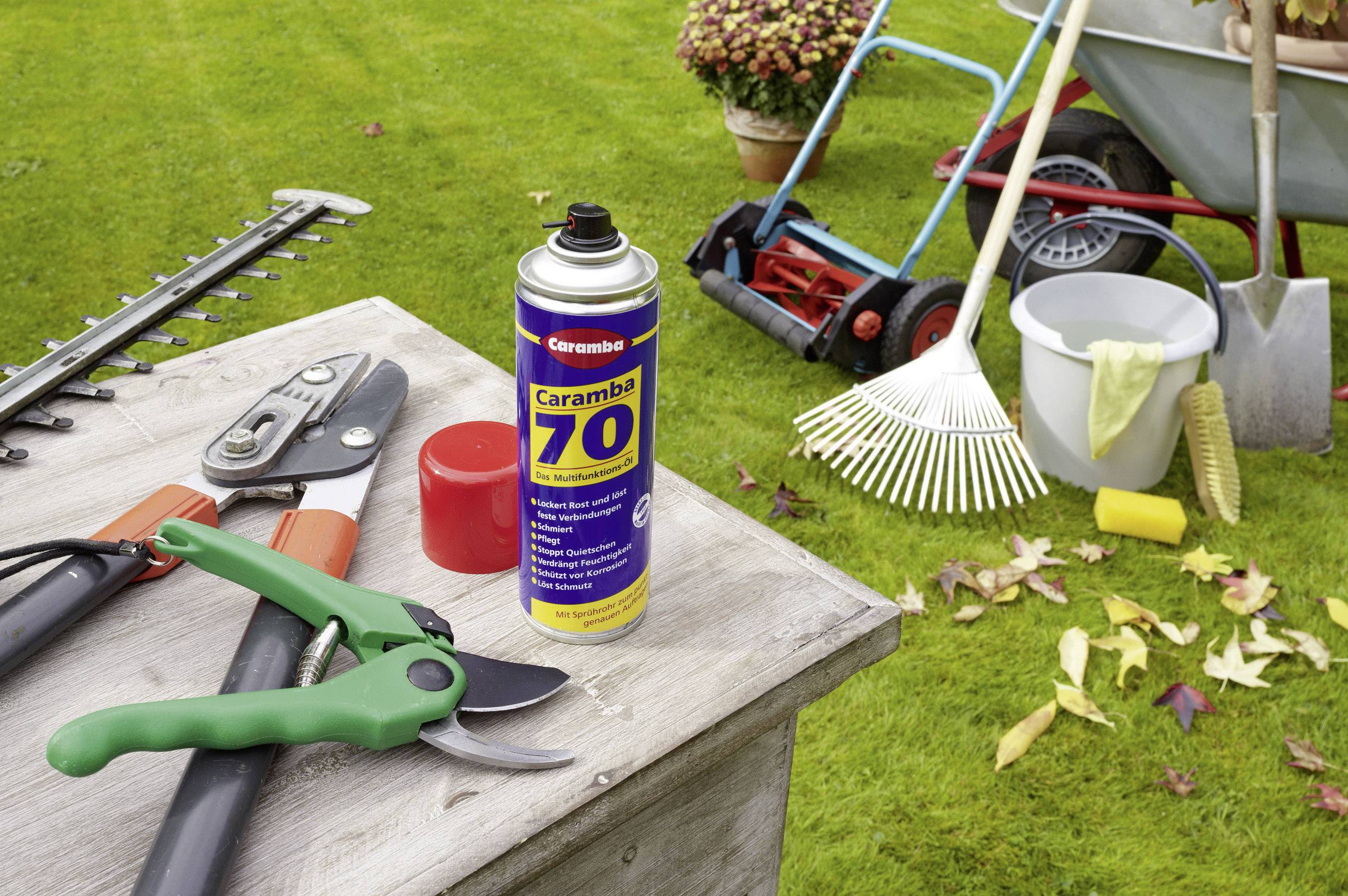 Gartenwerkzeuge wie Heckenschere, Rebschere und Spraydose auf Tisch; im Hintergrund Rasenmäher, Rechen und Schubkarre auf Rasen.
