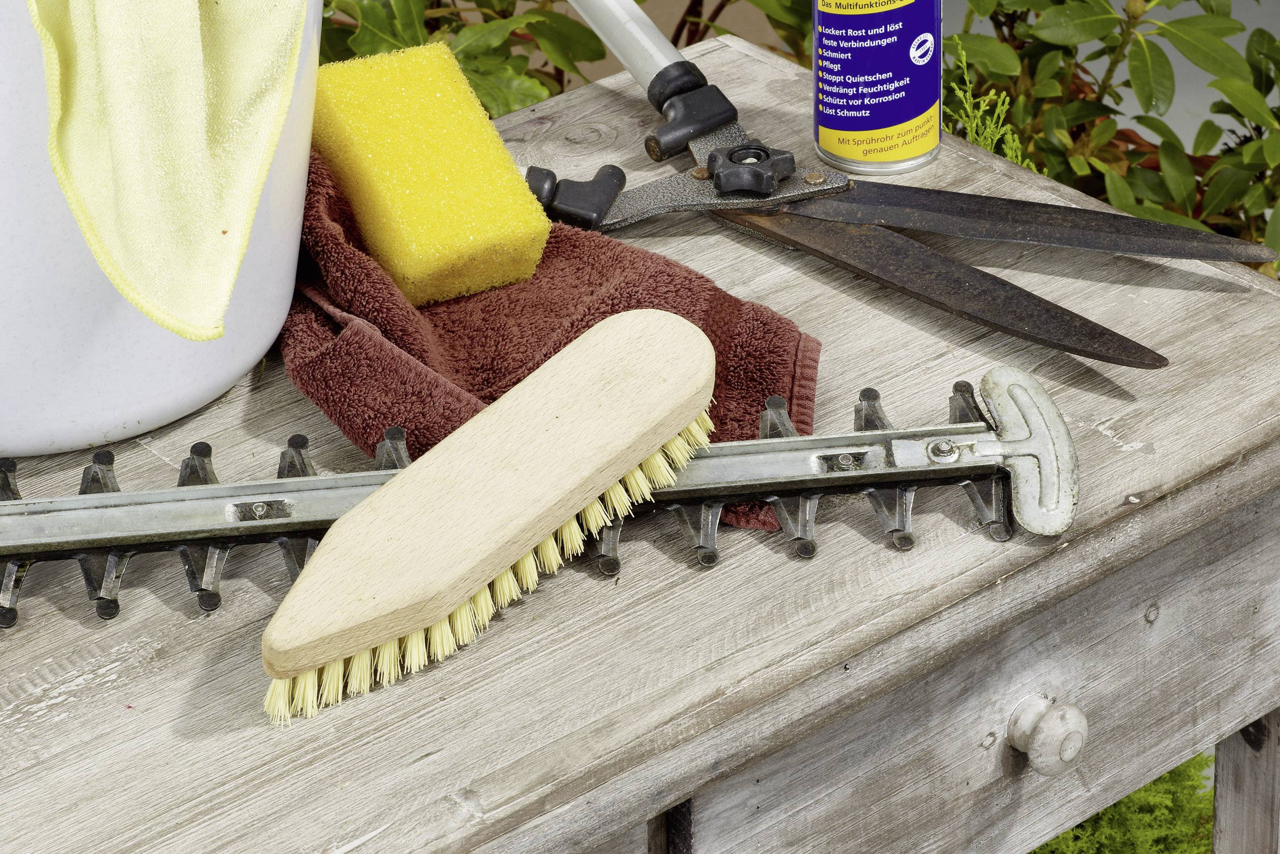 Gartengeräte auf einem Tisch: Heckenschere, Drahtbürste, Reinigungstuch, Spraydose und Schwamm. Gartenvorbereitung im Freien.