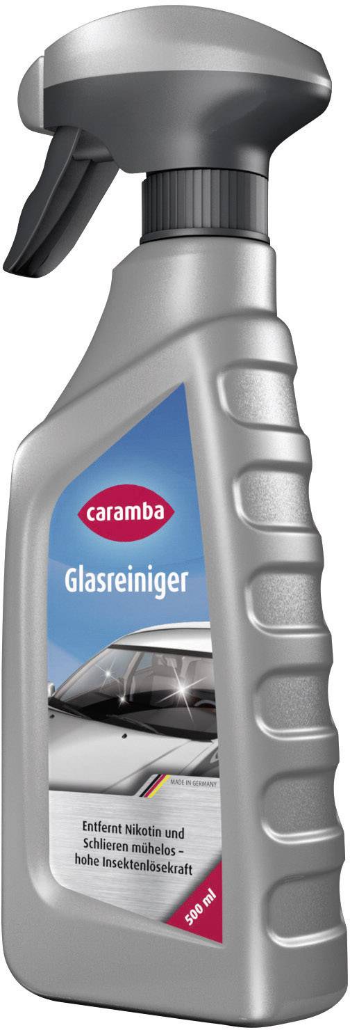 Sprühflasche Glasreiniger der Marke Caramba. Enthält 500 ml. Auf dem Etikett steht: 'Effizient gegen Nikotin, leichtes Entfernen, hohe Reinigungskraft'.