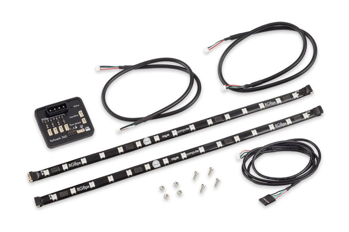 Aqua Computer farbwerk 360 - Schwarz - 5 V - USB - 1x farbwerk 360 2x RGBpx LED strip 32 cm - width 10 mm - 15 addressable LEDs 2x RGBpx cable