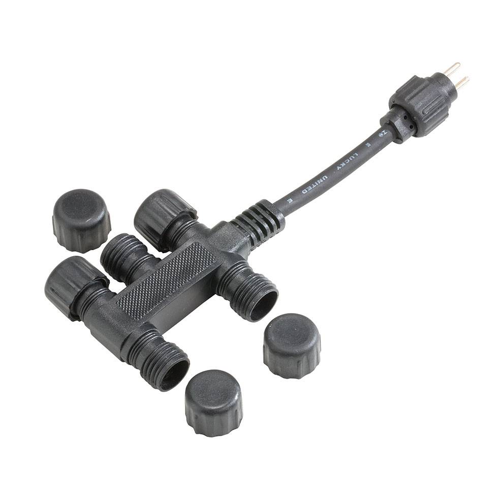 Kabelverteilerdose in T-Form mit mehreren Anschlussmöglichkeiten, abnehmbare Kappen, geeignet für Outdoor-Elektroinstallationen.