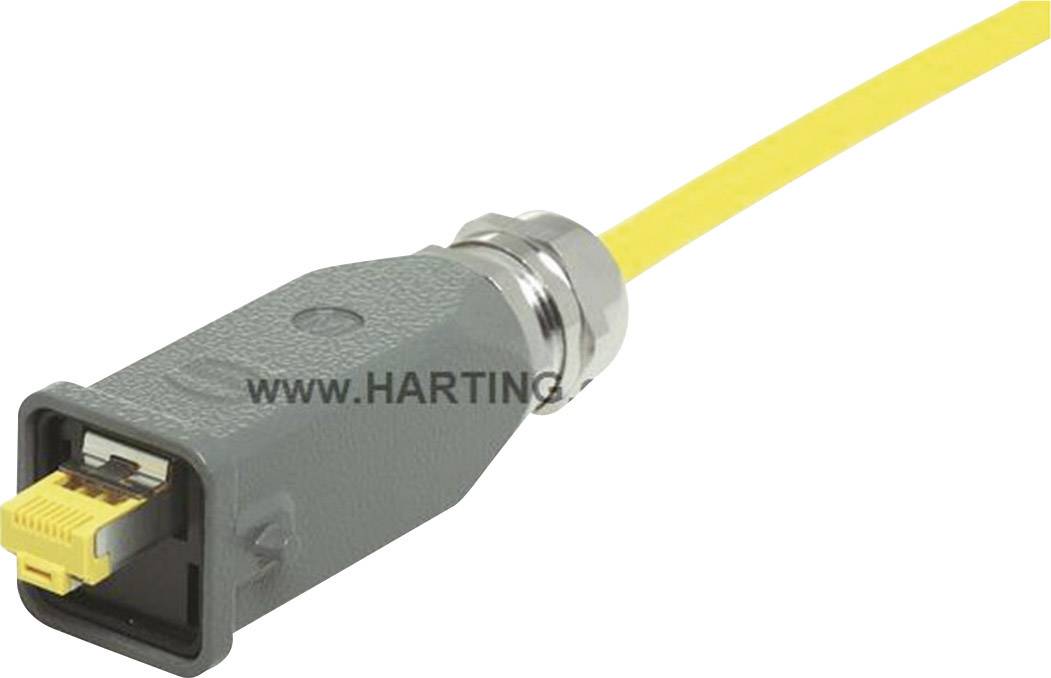 Industrie-Ethernet-Steckverbinder mit grauem Gehäuse und gelbem Kabel von der Marke HARTING, geeignet für industrielle Anwendungen.