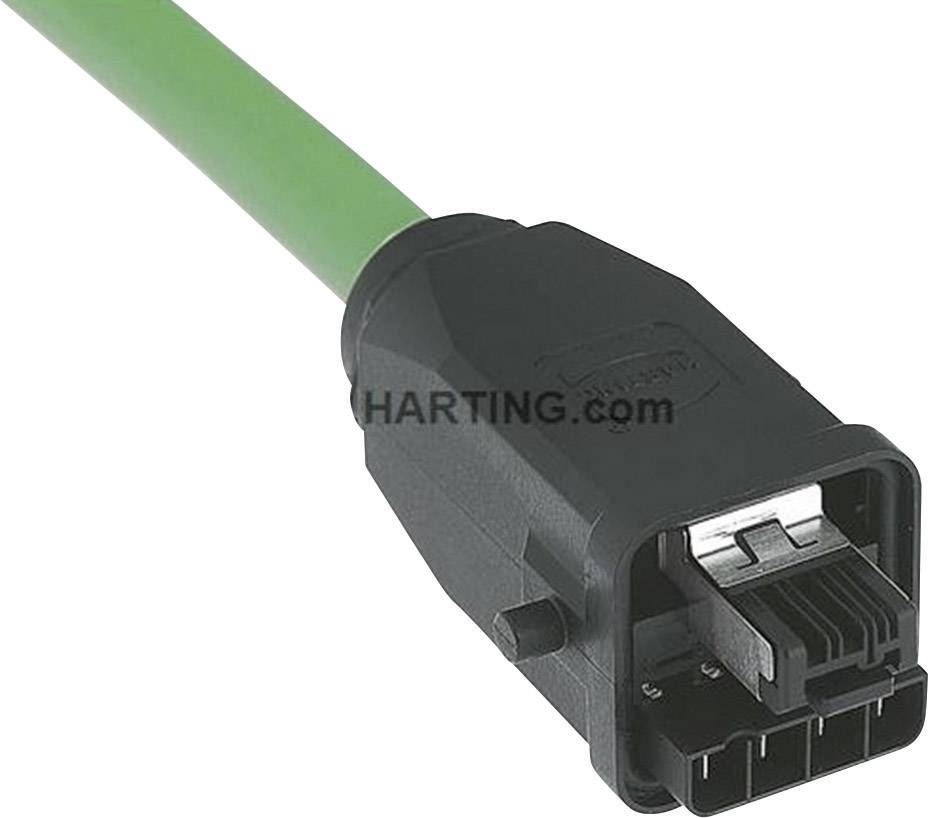 Ein grünes Kabel endet in einem rechteckigen schwarzen Stecker mit Metallelementen. Auf dem Stecker steht 'HARTING.com'.