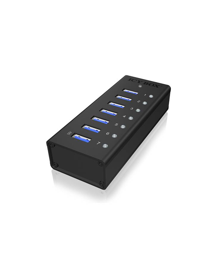IB-AC618, 7 Port USB 3.0 Hub mit 1x Tablettladeport, Vollmetall, mit 12V 3A Netzteil, schwarz