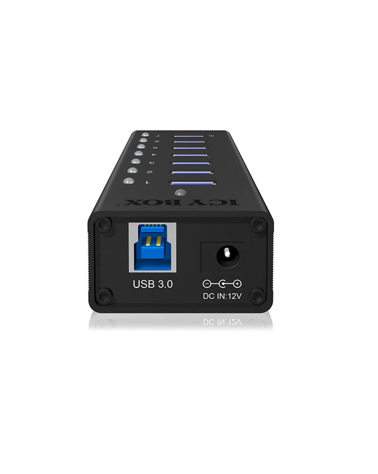IB-AC618, 7 Port USB 3.0 Hub mit 1x Tablettladeport, Vollmetall, mit 12V 3A Netzteil, schwarz