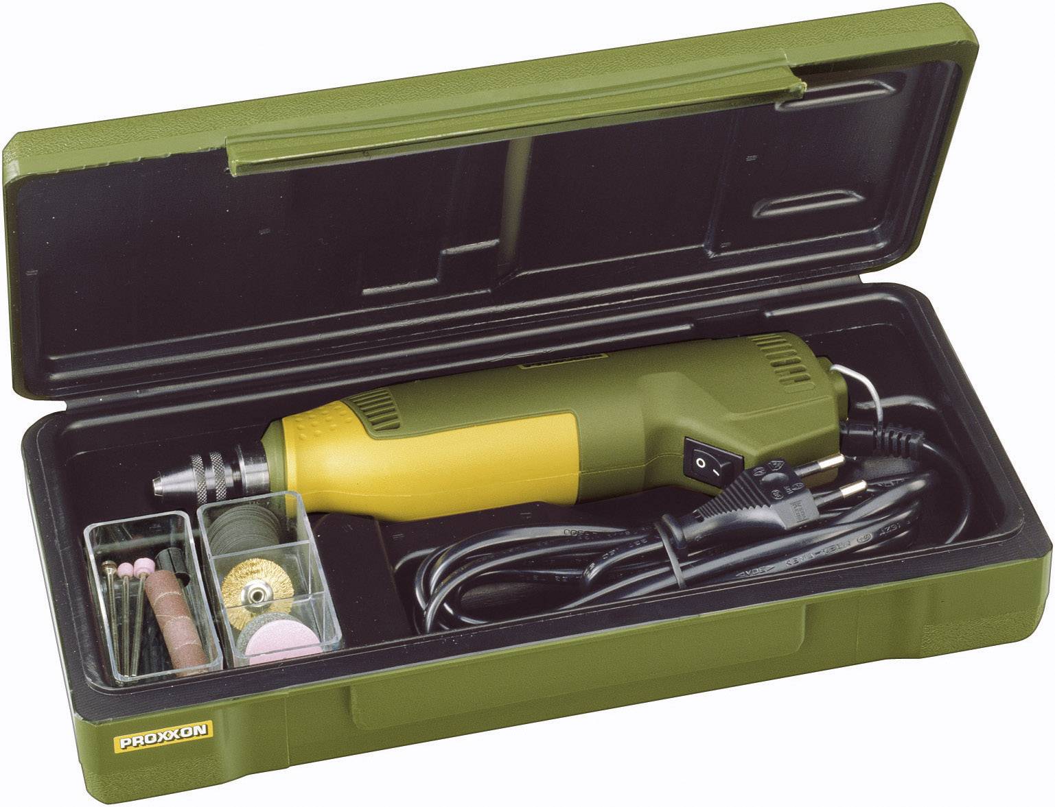 Ein grüner Werkzeugkoffer mit einem gelben elektrischen Multifunktionswerkzeug und Zubehörteilen, wie Schleifscheiben und Bohrer.