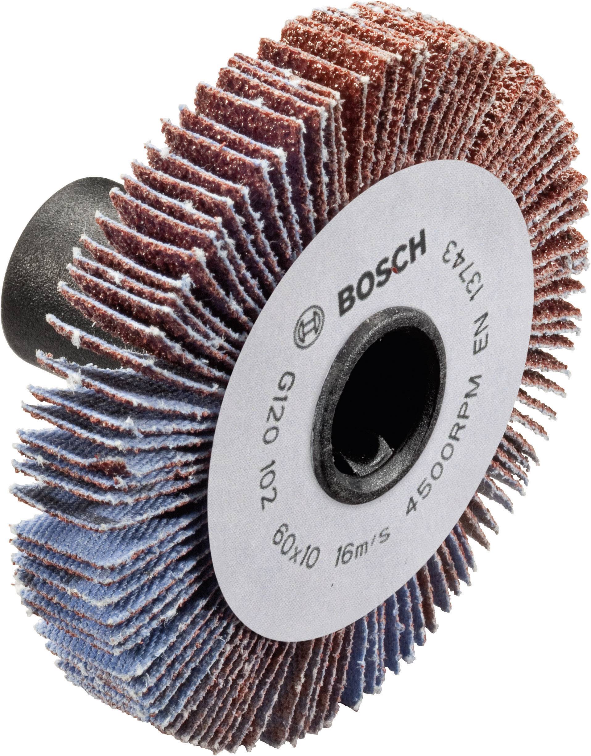 Schleifscheibe mit lamellenartiger Struktur, rot-blau eingefärbt. Aufdruck: 'Bosch', 'G120', '4500RPM'. Hauptsächlich zur Metallbearbeitung.