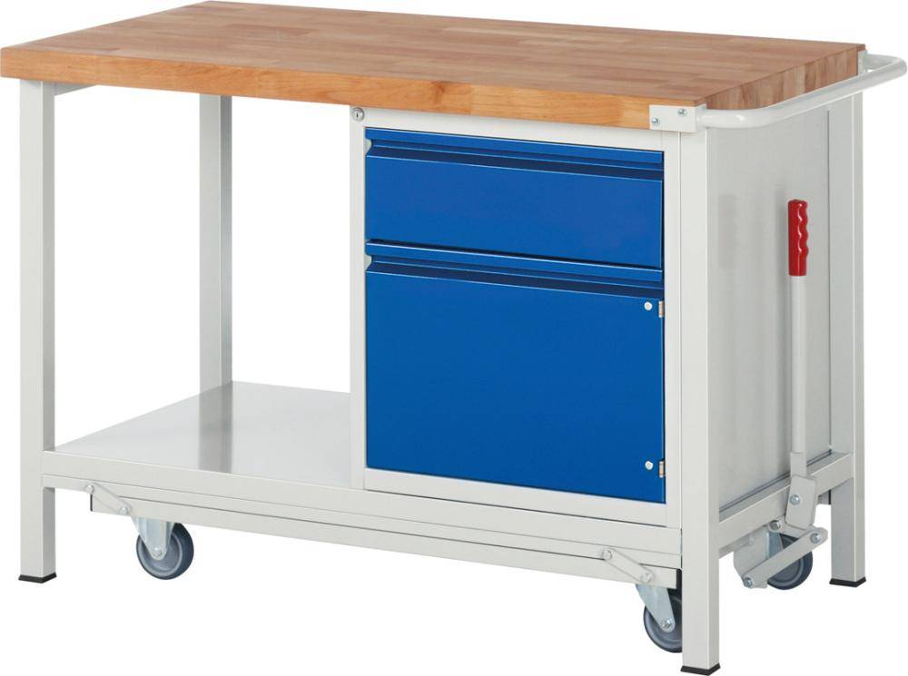 Absenkbare Werkbank - Modell 8152 BASIC, BxTxH 1250x700x880 mm, Buche-Massiv Arbeitsplatte 40 mm, 1 Schublade mit Au