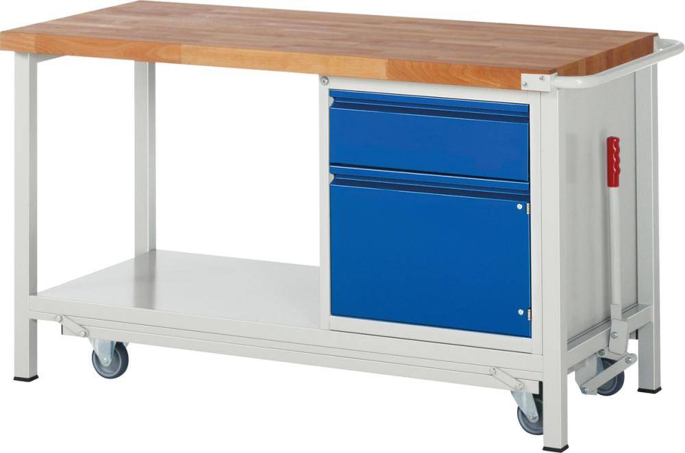 Absenkbare Werkbank - Modell 8152 BASIC, BxTxH 1500x700x880 mm, Buche-Massiv Arbeitsplatte 40 mm, 1 Schublade mit Au
