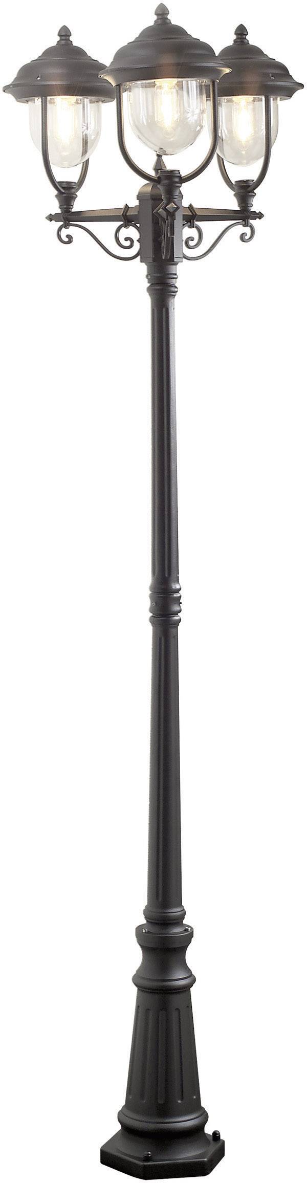 Eine schwarze, dekorative Straßenlaterne mit drei Lampen und klaren Gläsern, die nach oben leuchten. Ideal für Gartenbeleuchtung.